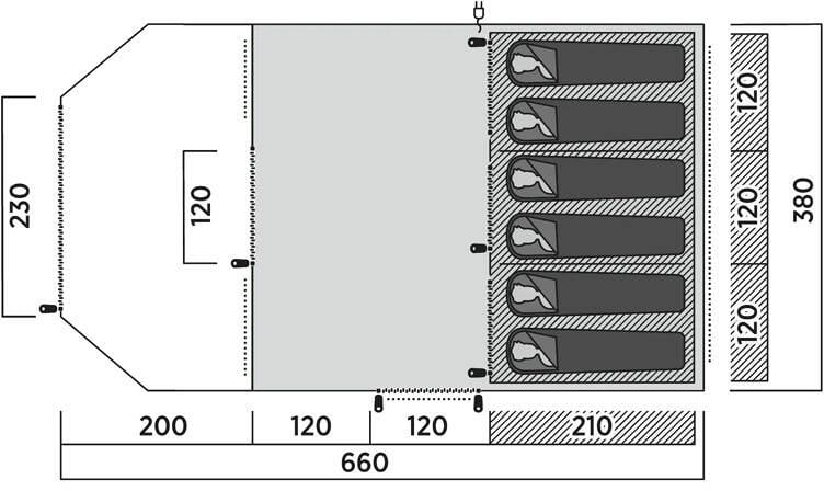 Tunneltelt Sola 6 for 6 personer, 380x660cm, 3 soner - Easy Camp