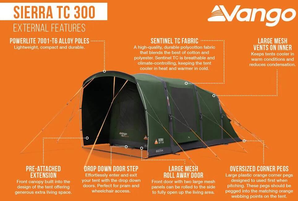 Tunneltelt Sierra TC 300 for 3 personer, 16,8 kg, Ivy - Vango