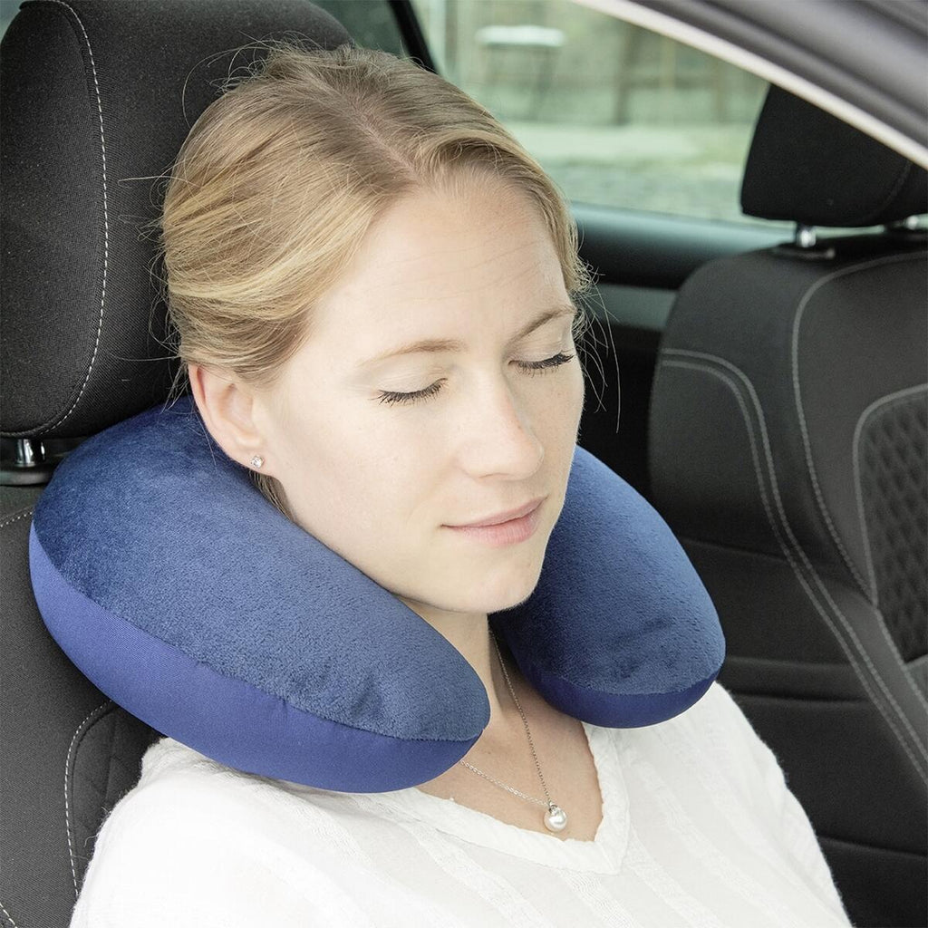 Sidevisning av 2-i-1 reisepute med nakkestøtte, polyester, blå - Maximex