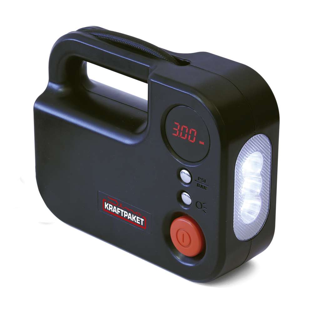 2in1 kompressor med lommelykt 12V 120W 10 bar Dino Kraftpaket forfra