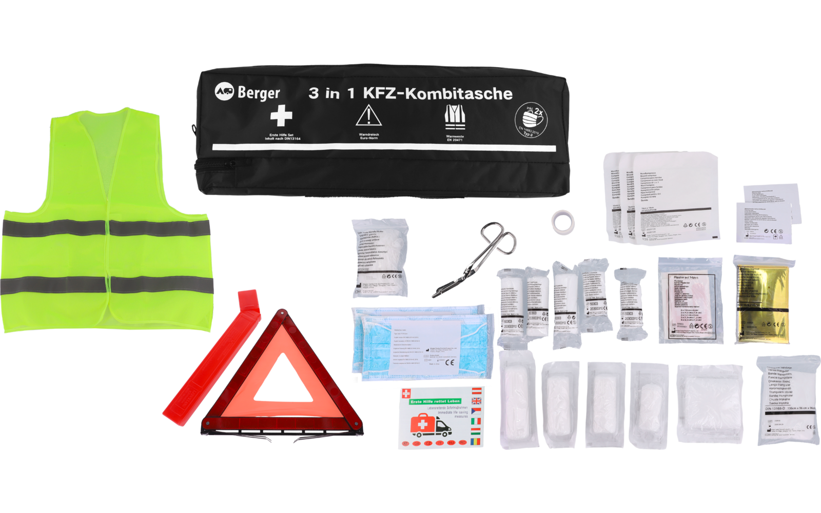3-i-1 kombiveske med førstehjelp, varseltrekant og vest 750 g - CampCare bakside