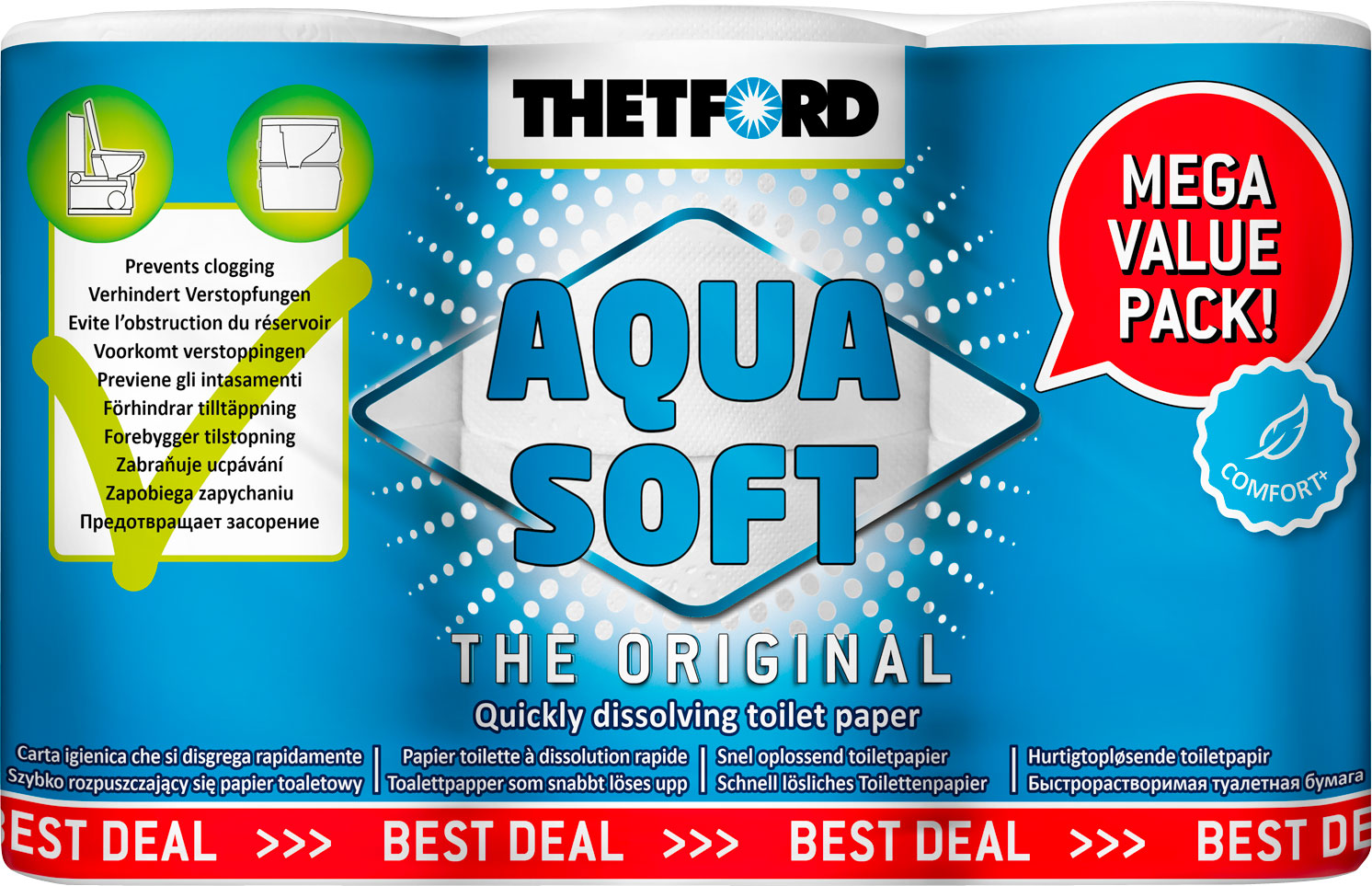Aqua Soft ComfortPlus toalettpapir 6 ruller - Thetford for bobilbruk