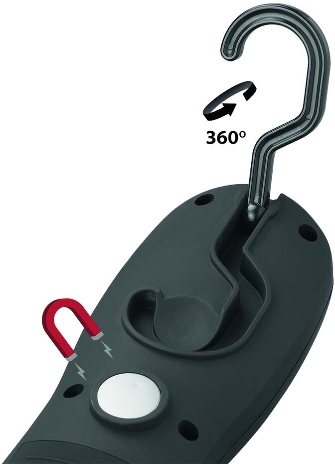 Arbeidslampe 3W COB LED 300 lm med magnet og krok montert på metall