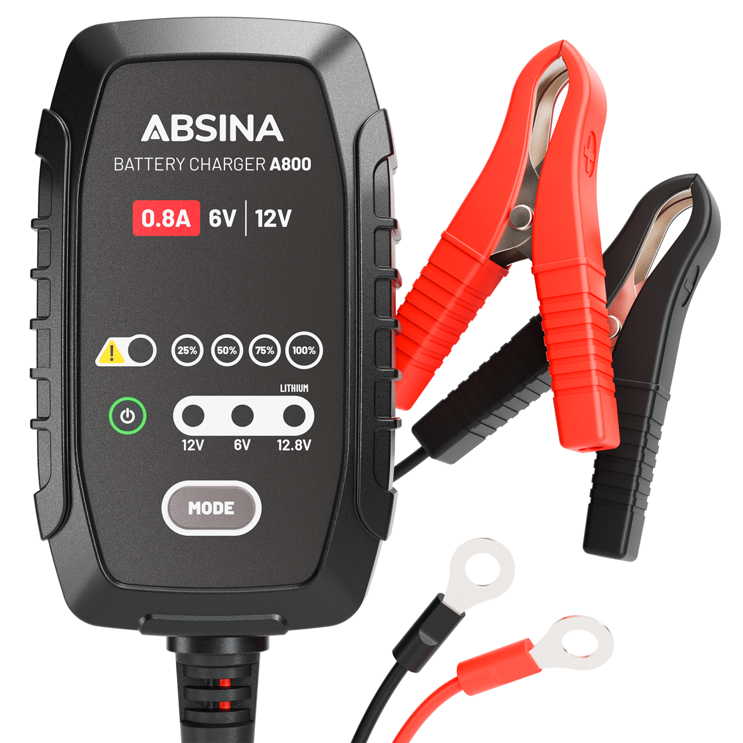 Automatisk batterilader A800 for 6V/12V bly- og litiumbatterier fra Absina