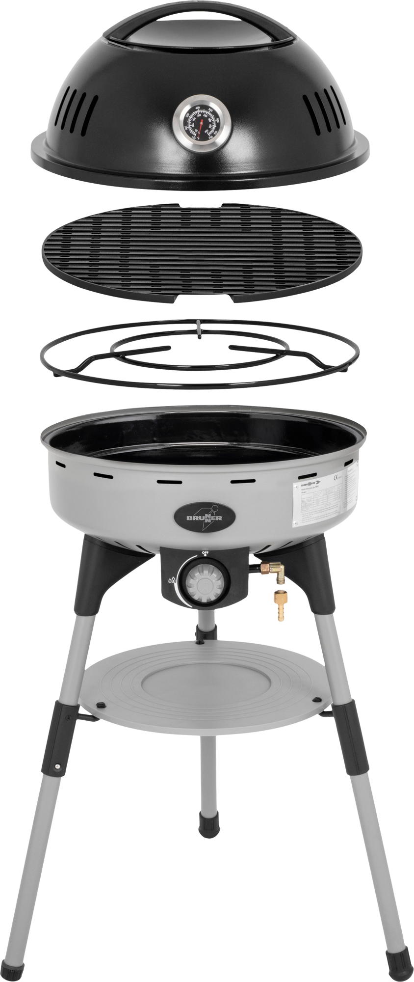 Bærbar gassgrill Devil BBQruiser HT Roundgrid forfra med lokk