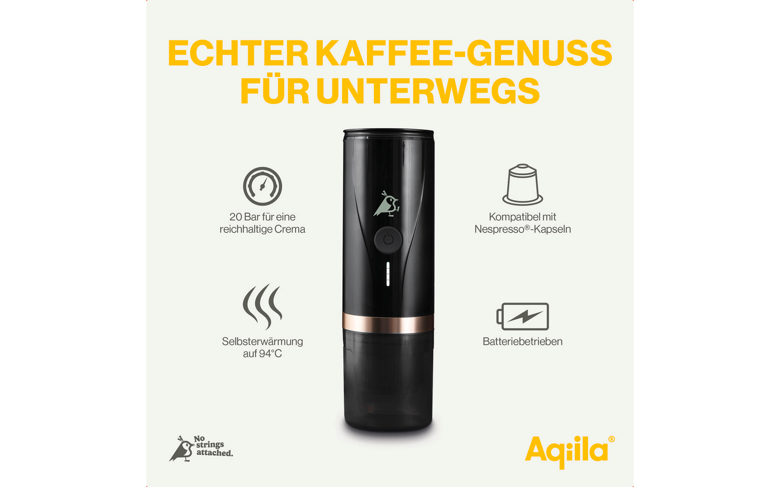 Bærbar kaffemaskin for kapsler og malt kaffe med batteri - Aqiila