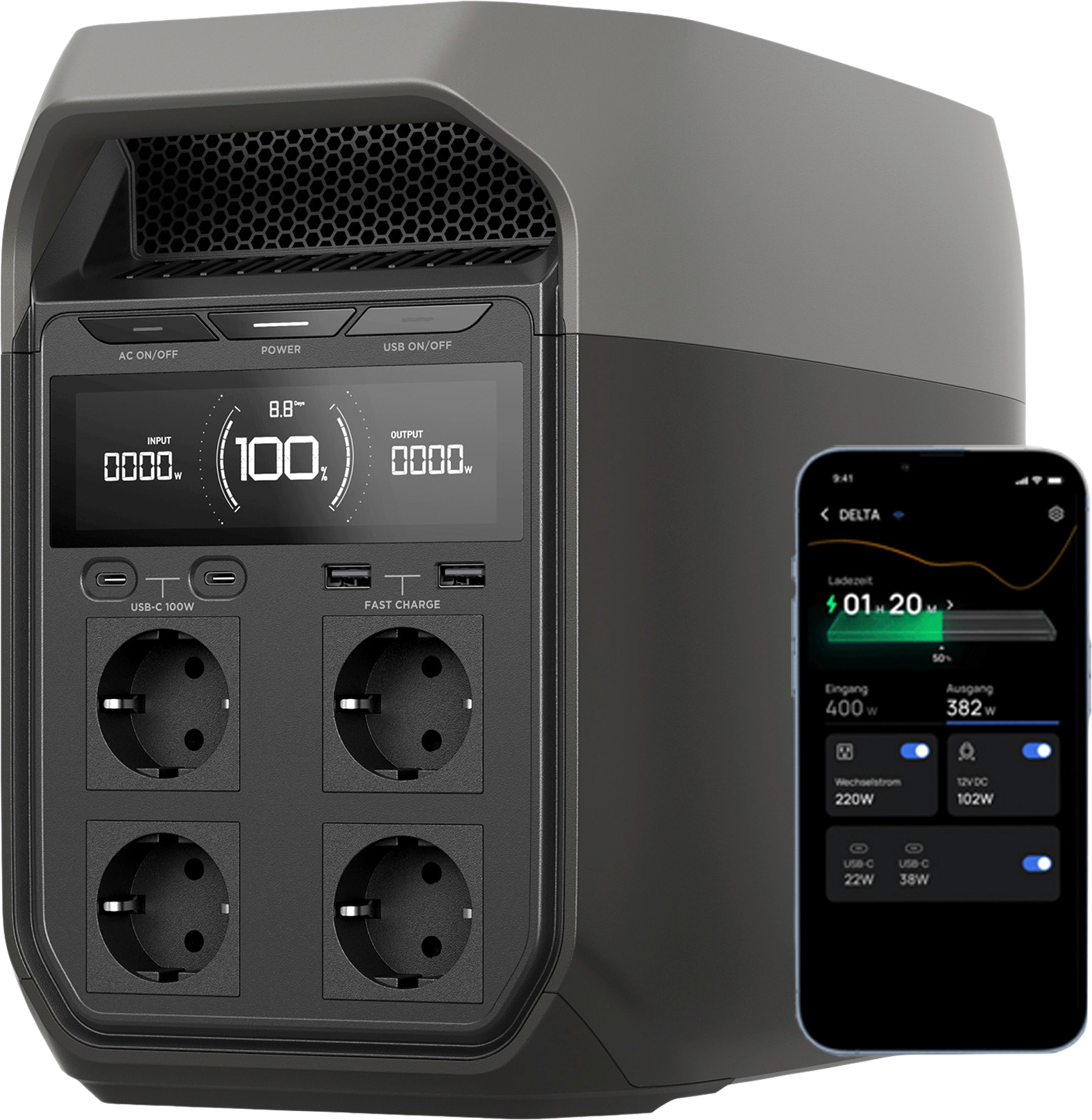 Bærbar kraftstasjon Delta 3 1024 Wh 1800 W foran