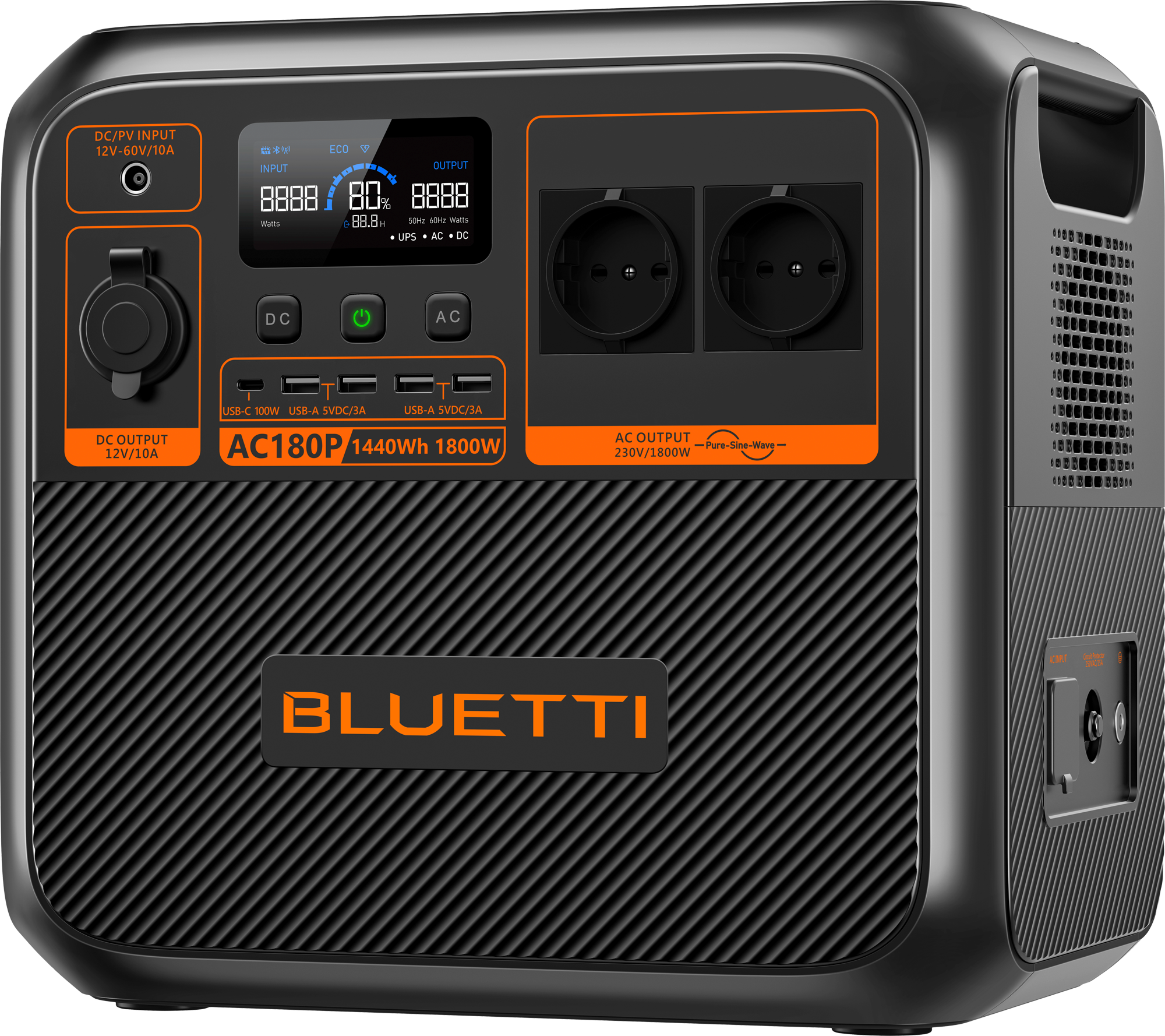 Bærbar powerstation AC180P 1800 W 1440 Wh Bluetti forfra