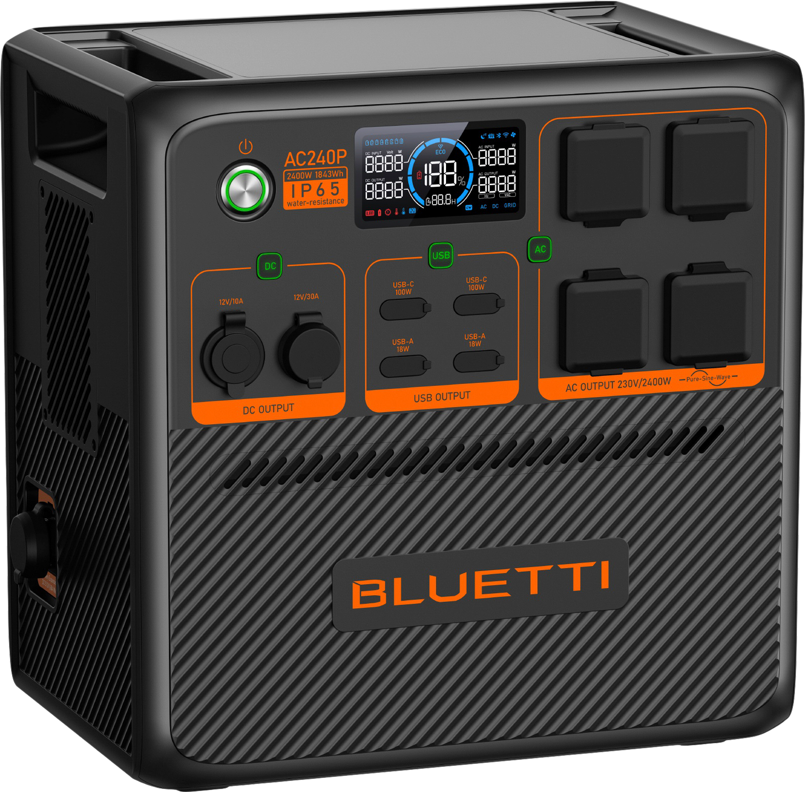 Bærbar powerstation AC240P 2400 W / 1843 Wh Bluetti forfra