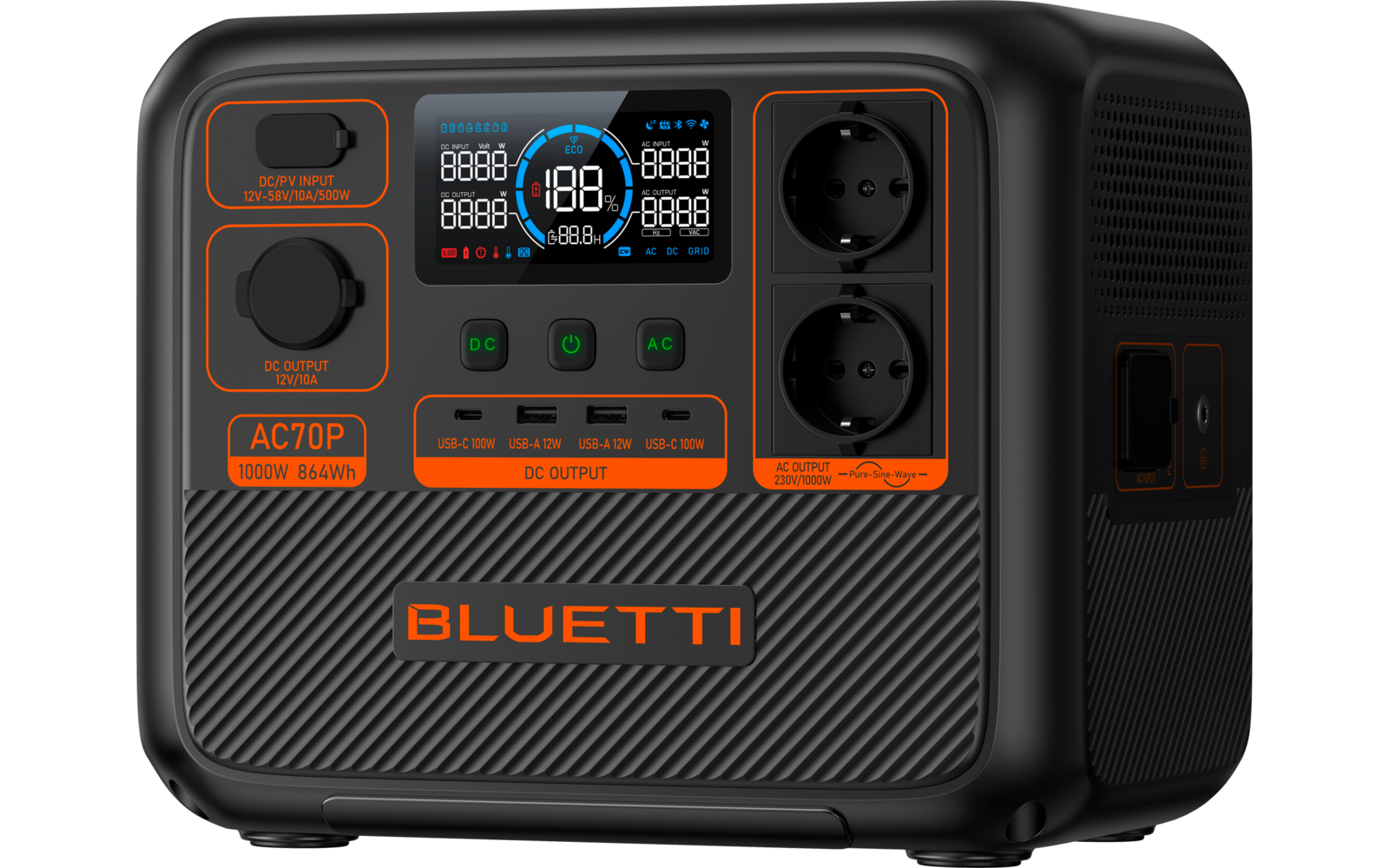 Bærbar powerstation AC70P 864 Wh 1000 W LiFePO4 nærbilde av LCD-skjerm