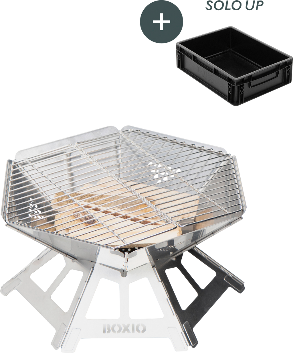 Bålpanne med grillrist og Solo Up Eurobox 2,25 kg - Boxio Fire forfra
