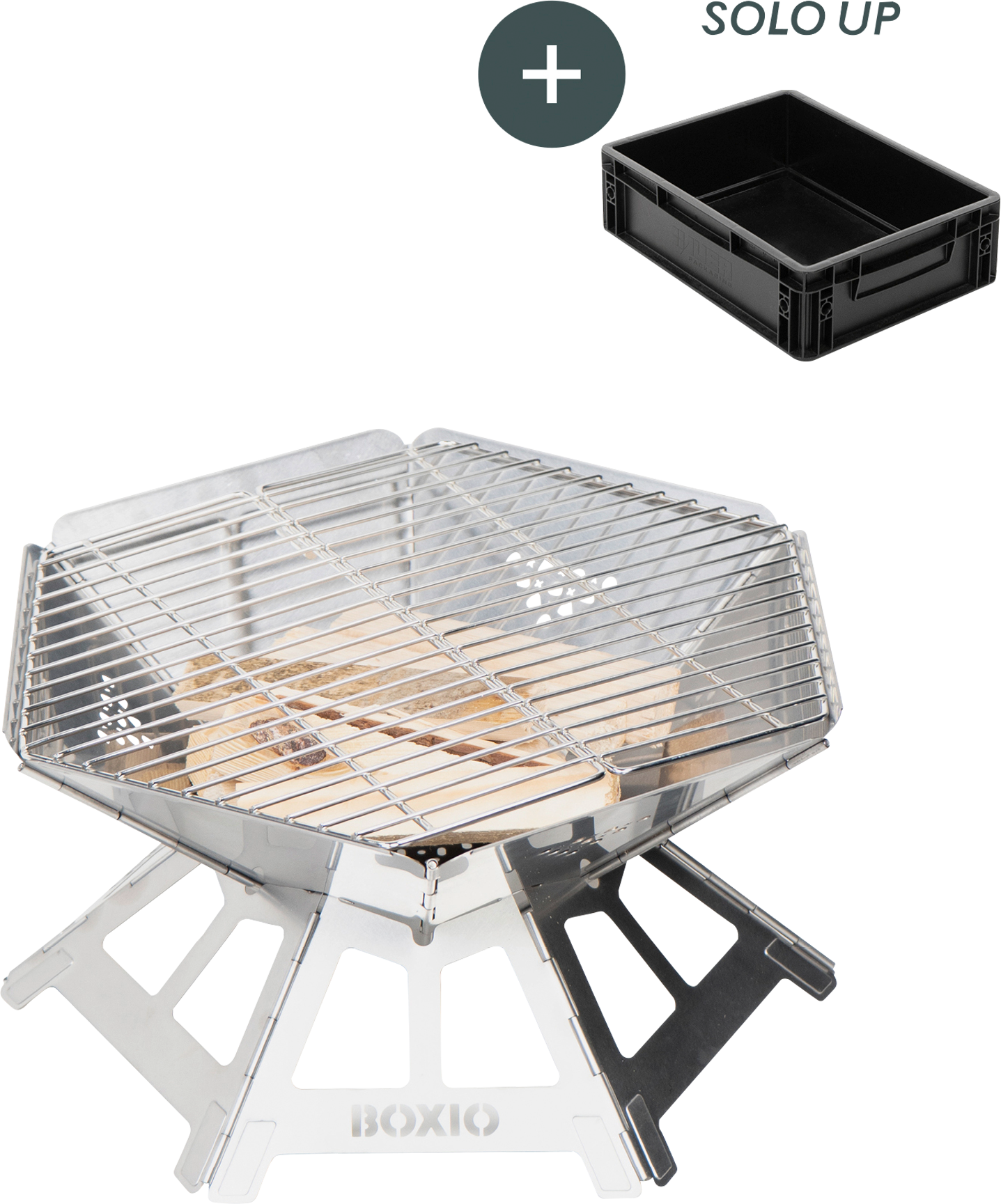 Bålpanne med grillrist og Solo Up Eurobox 2,25 kg - Boxio Fire forfra