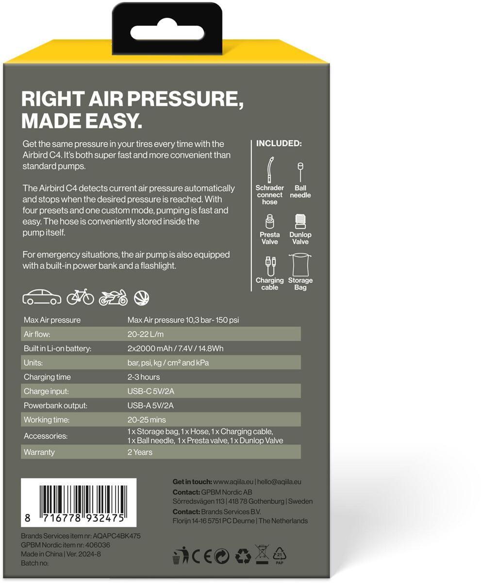 Bærbar kompressor Airbird C4 150 PSI med powerbank og LED i bruk med USB-kabel