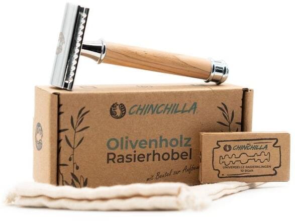 Barberhøvel med oliventrehåndtak plastfri - Chinchilla forfra