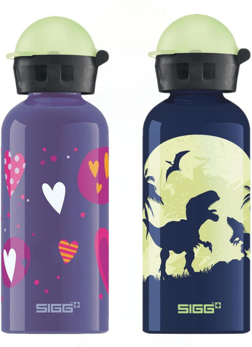 Barnedrikkeflaske i aluminium med motiv 400 ml, glow - SIGG sett forfra