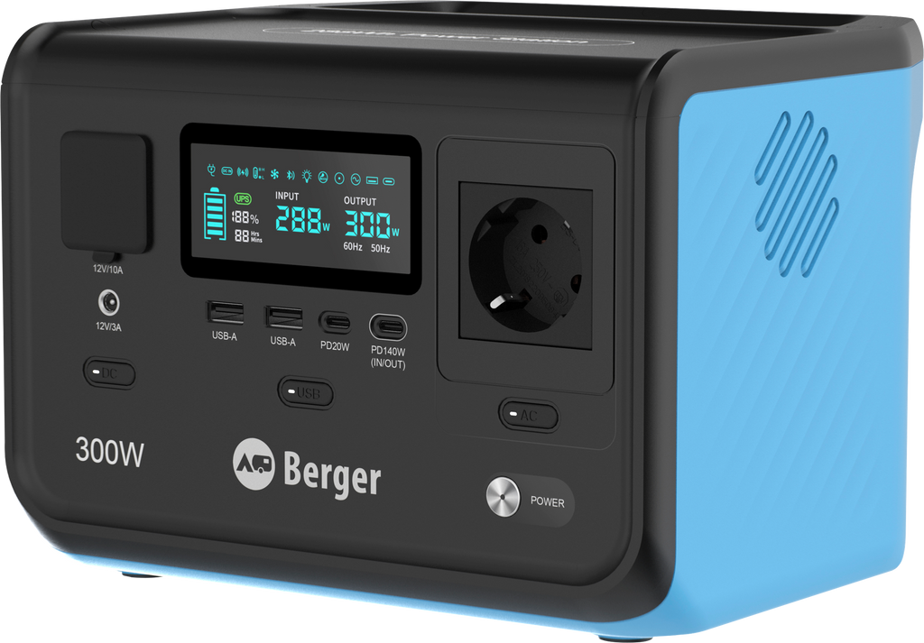 Bærbar kraftstasjon BEPS 300 LiFePO₄ 15 Ah 300 W forfra