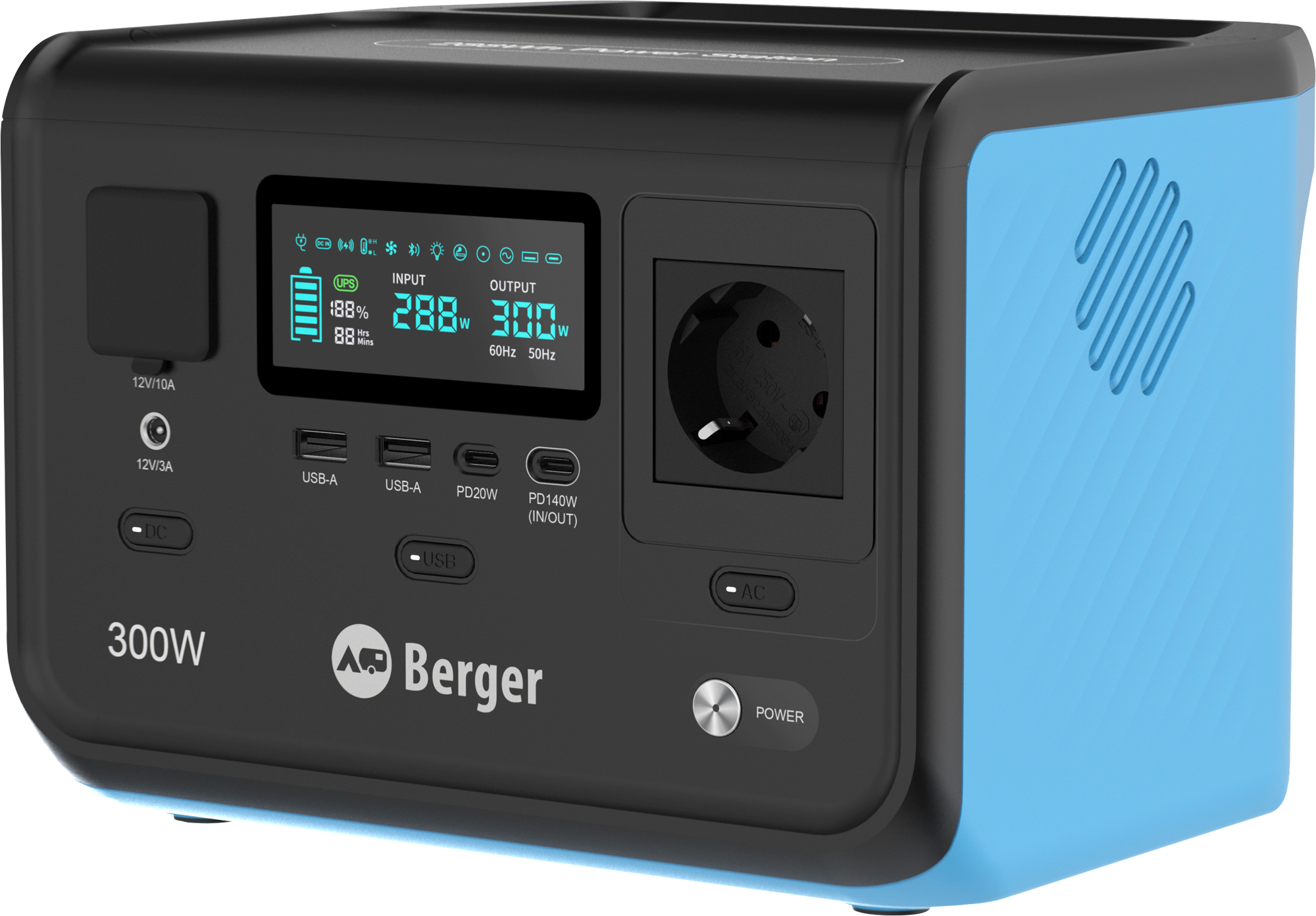 Bærbar kraftstasjon BEPS 300 LiFePO₄ 15 Ah 300 W forfra