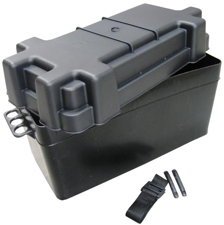 Batteriboks 47x22x25 cm grå med lokk og stropp for sikker oppbevaring