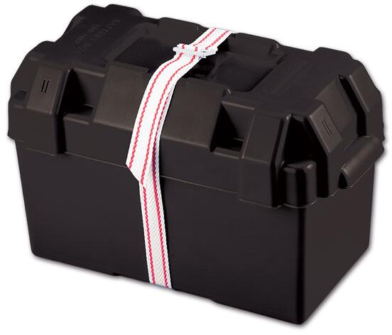Batteriboks L svart 38x20x25 cm med stropp for sikker oppbevaring forfra