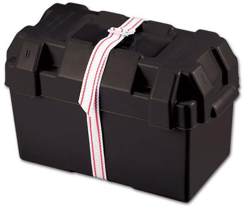 Batteriboks L svart 38x20x25 cm med stropp for sikker oppbevaring forfra