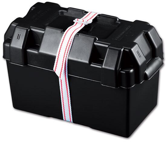 Batteriboks L svart 38x20x25 cm med stropp detalj av stropp og lås