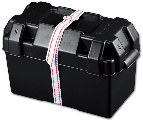 Batteriboks L svart 38x20x25 cm med stropp detalj av stropp og lås