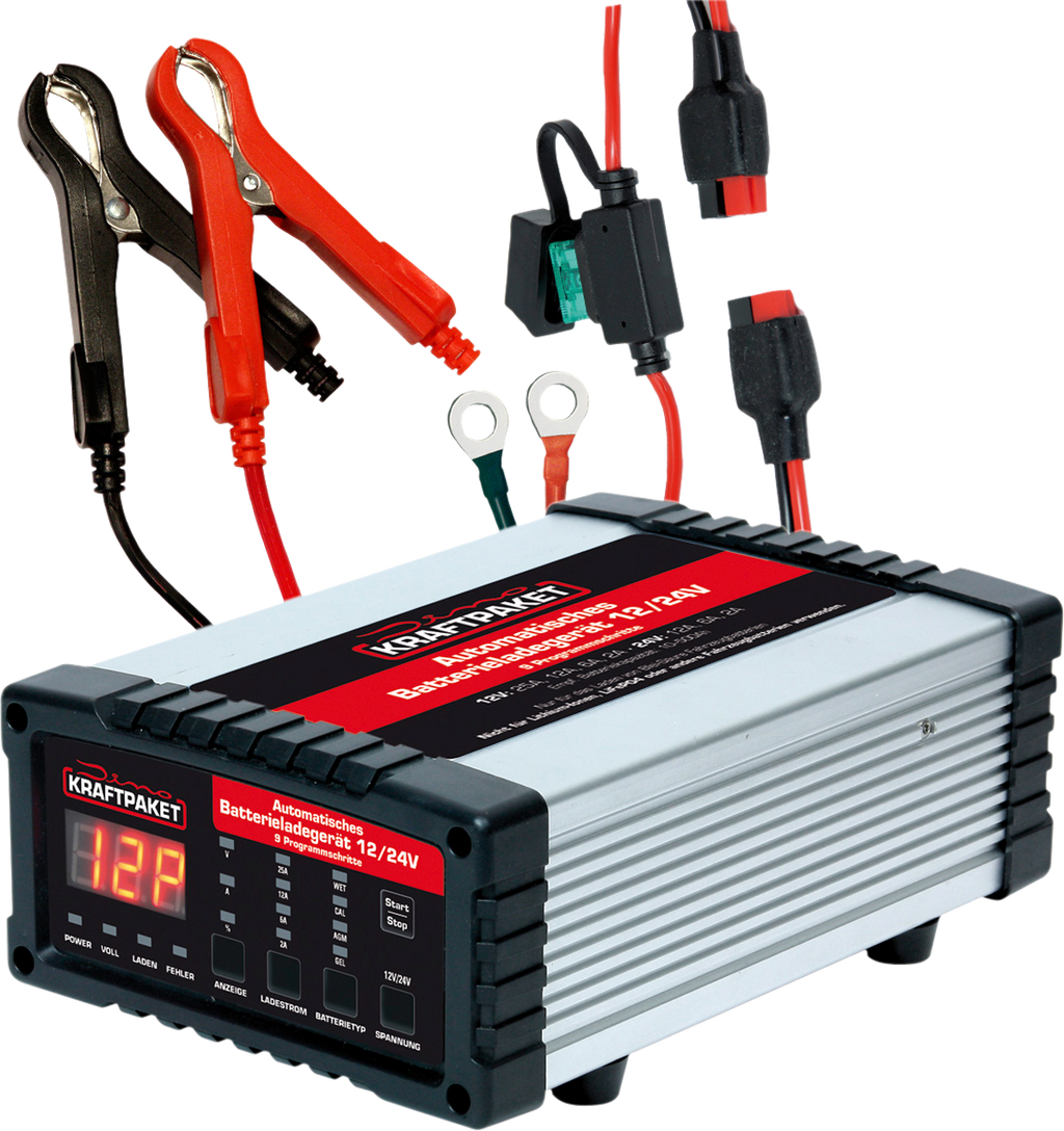 Batterilader 12V/24V 25A med 28 ladeprogrammer - Dino KRAFTPAKET forfra