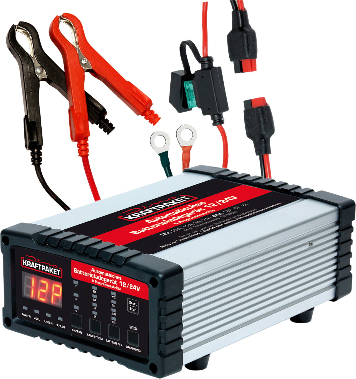 Batterilader 12V/24V 25A med 28 ladeprogrammer - Dino KRAFTPAKET forfra