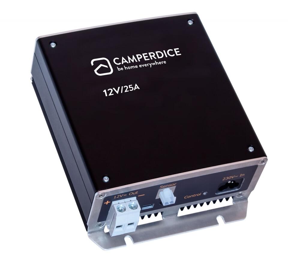 Batterilader 12V 25A lüftefri med aluminiumskabinett - Camperdice forfra