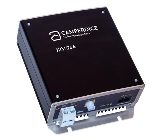 Batterilader 12V 25A lüftefri med aluminiumskabinett - Camperdice forfra