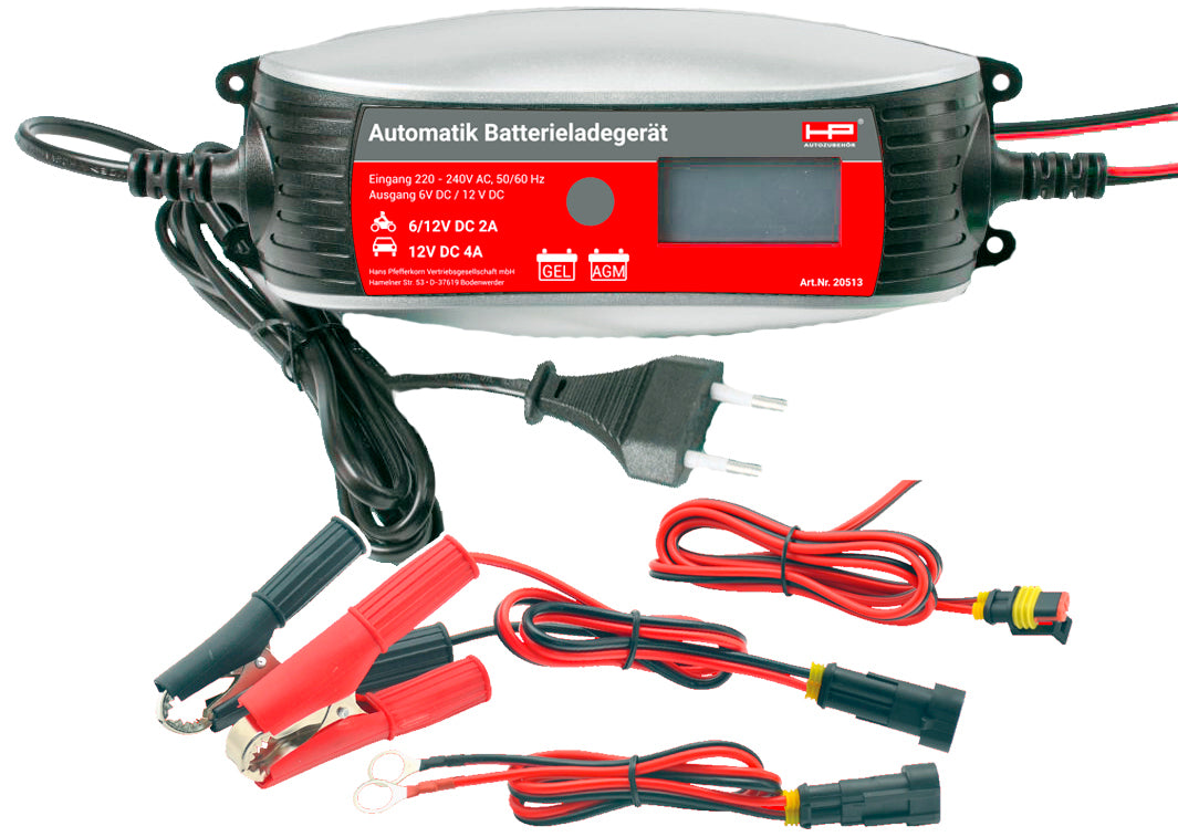 Batterilader 6/12V 2/4A for bly/AGM/GEL-batterier fra HP Autozubehør