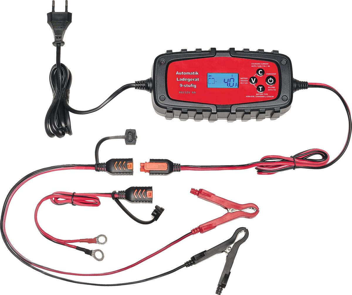 Batterilader 6/12V 4A 9-trinns for bil og motorsykkel - IWH forfra