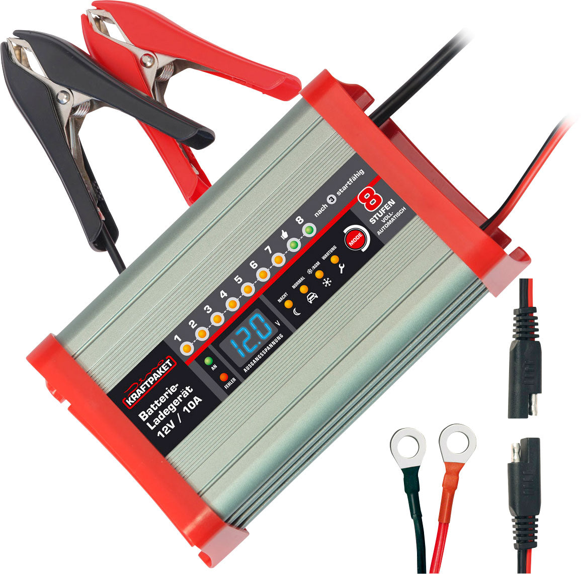 Batterilader med campingfunksjon 12V 10A for WET/AGM/GEL - Dino Kraftpaket forfra