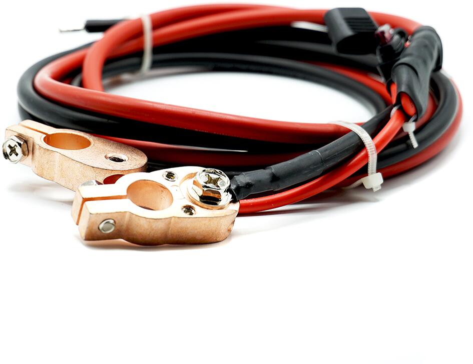 Nærbilde av avtakbare polklemmer på Batteritilkoblingskabel 10mm² med 40A sikring for laderegulator