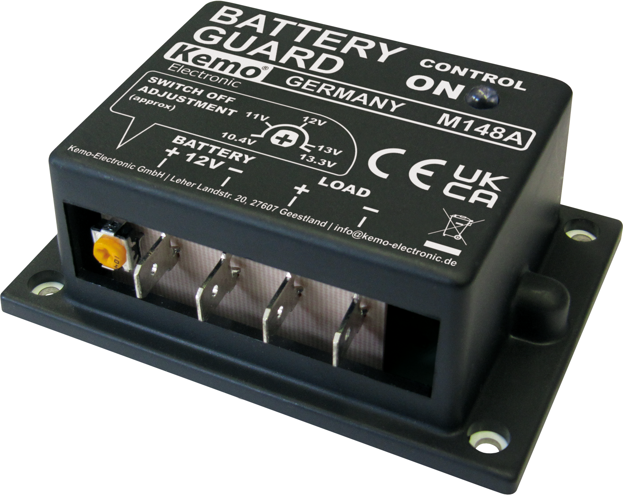 Batterivakt 12V med justerbar utkoblingsspenning M148A - Kemo for pålitelig batteribeskyttelse