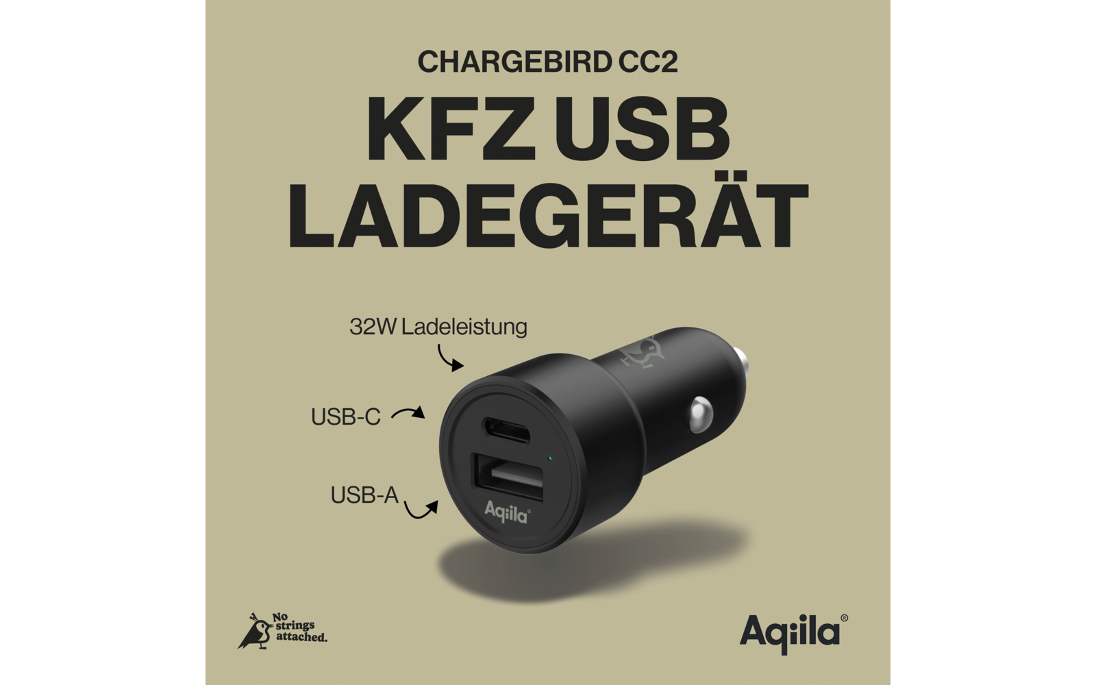 Nærbilde av USB-porter på Billader 32W med USB-C og USB-A hurtiglading - Aqiila Chargebird CC2