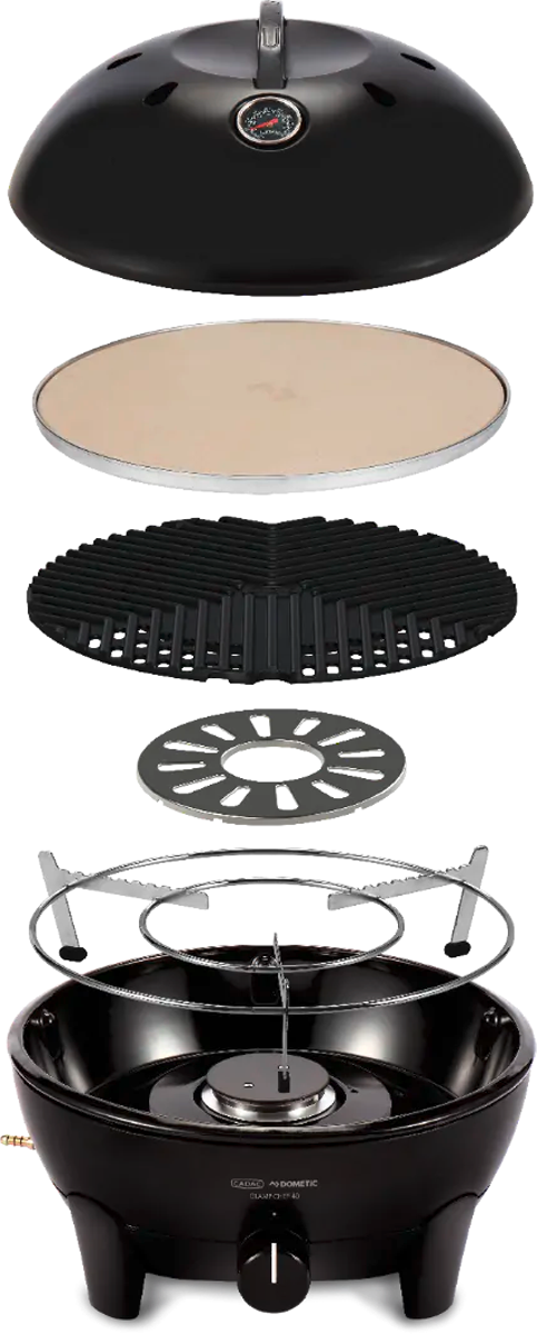 Bordgassgrill Glamp Chef 40 BBQ med pizzastein forfra