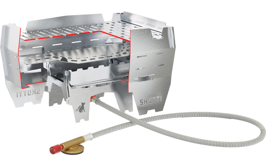 Bordgrill Mini for ved, gass og kull rustfritt stål med tilbehør