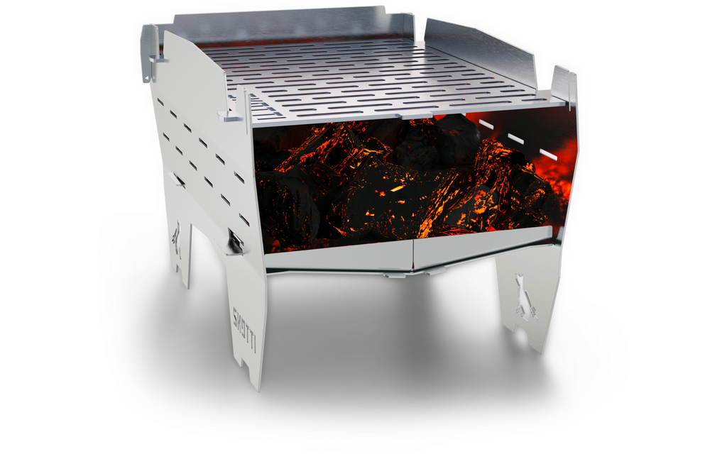 Bordgrill Mini for ved, gass og kull rustfritt stål montert på bord