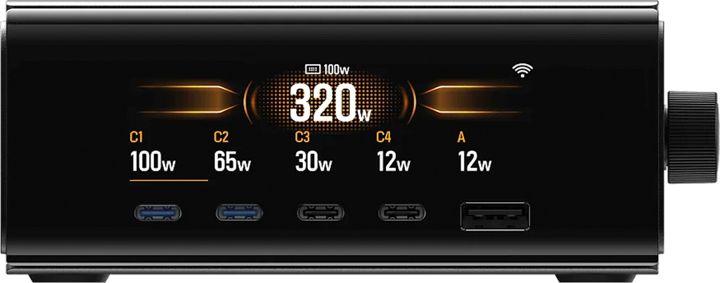 Bordlader 320W med 4x USB-C og 1x USB-A for powerbank EcoFlow forfra