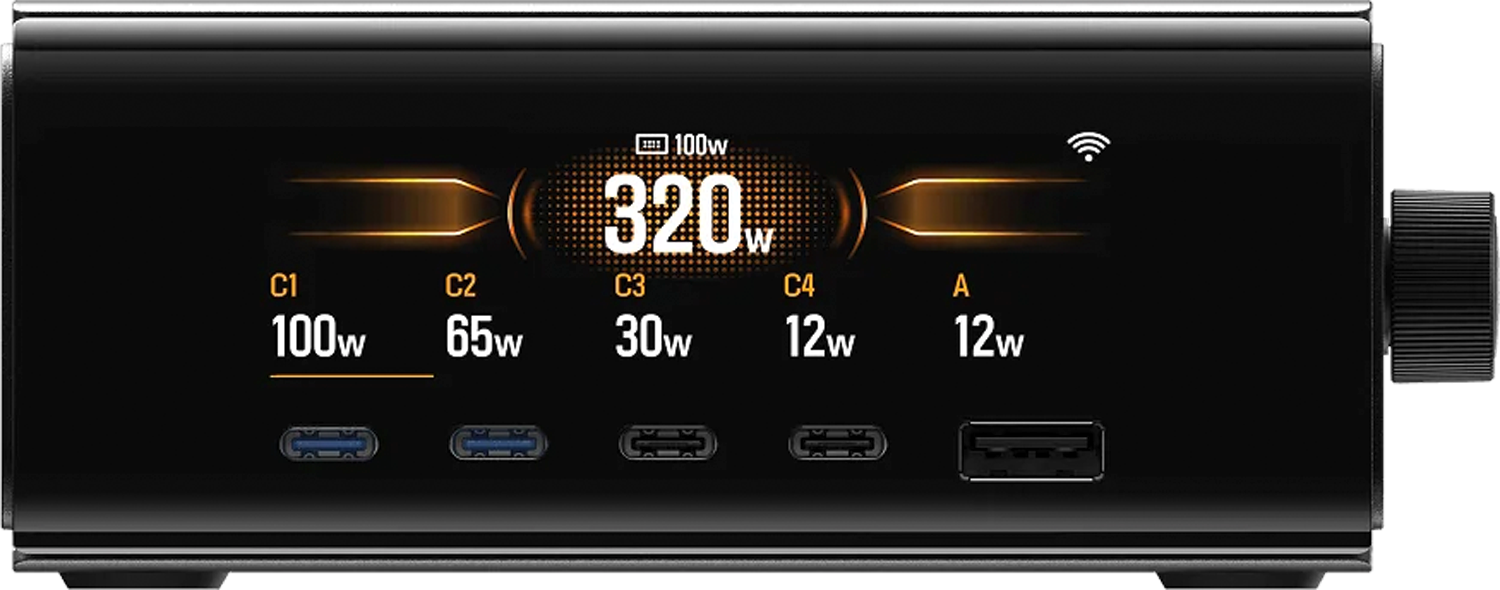 Bordlader 320W med 4x USB-C og 1x USB-A for powerbank EcoFlow forfra