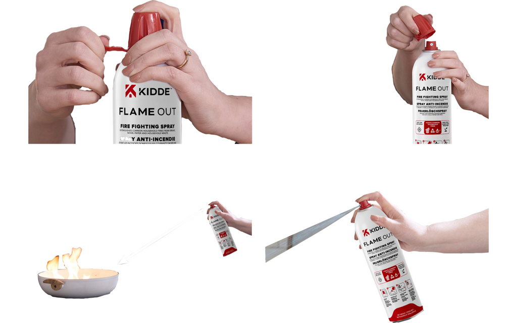 Bruk av brannslokningsspray Flame Out KFS 500 vannbasert 500 g - Kidde i kjøkken