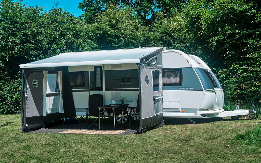 Buddy sidevegg 2er sett grå/beige 240-275 cm Isabella montert på campingvogn