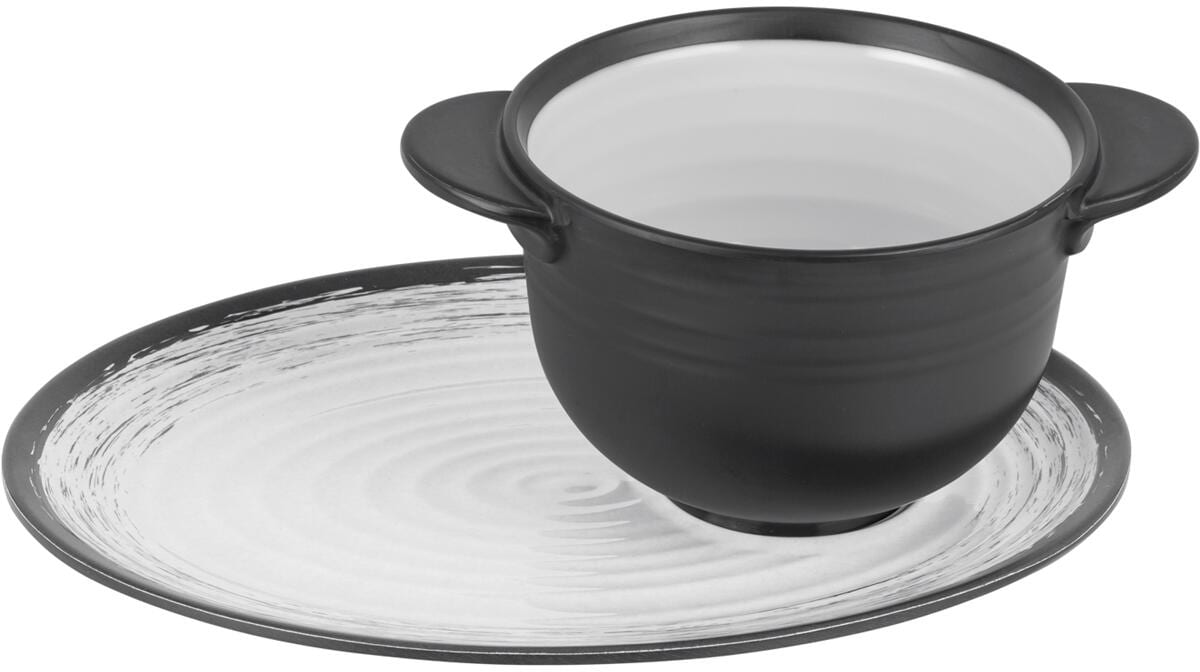 Buljongskåler sett Granada melamin 550 ml med fat forfra