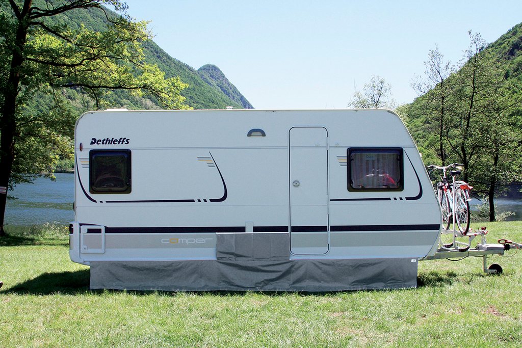 Bunnskjort for campingvogn PVC 450 x 60 cm grå forfra