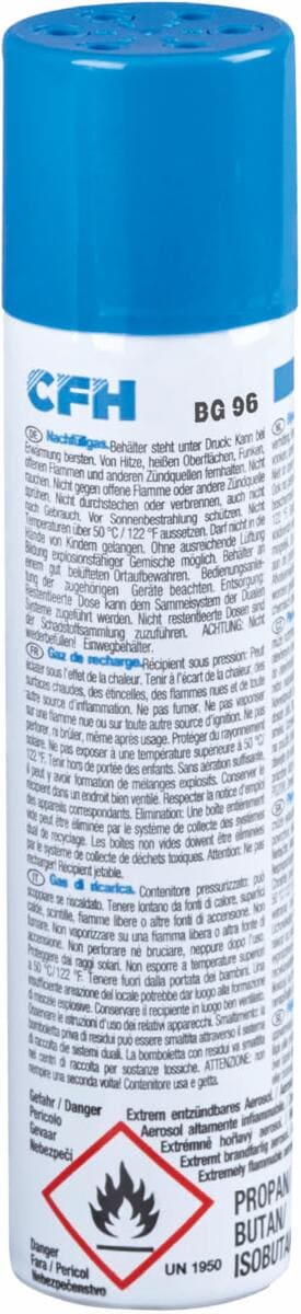 Butan påfyllingsgass 250 ml, 15% propan/85% butan - CFH forfra