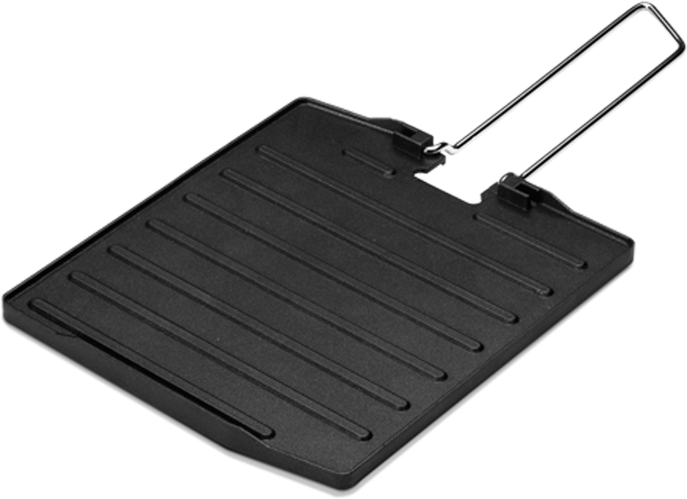 CampFire grillplate aluminium med antihaftbelegg og sammenleggbart håndtak forfra
