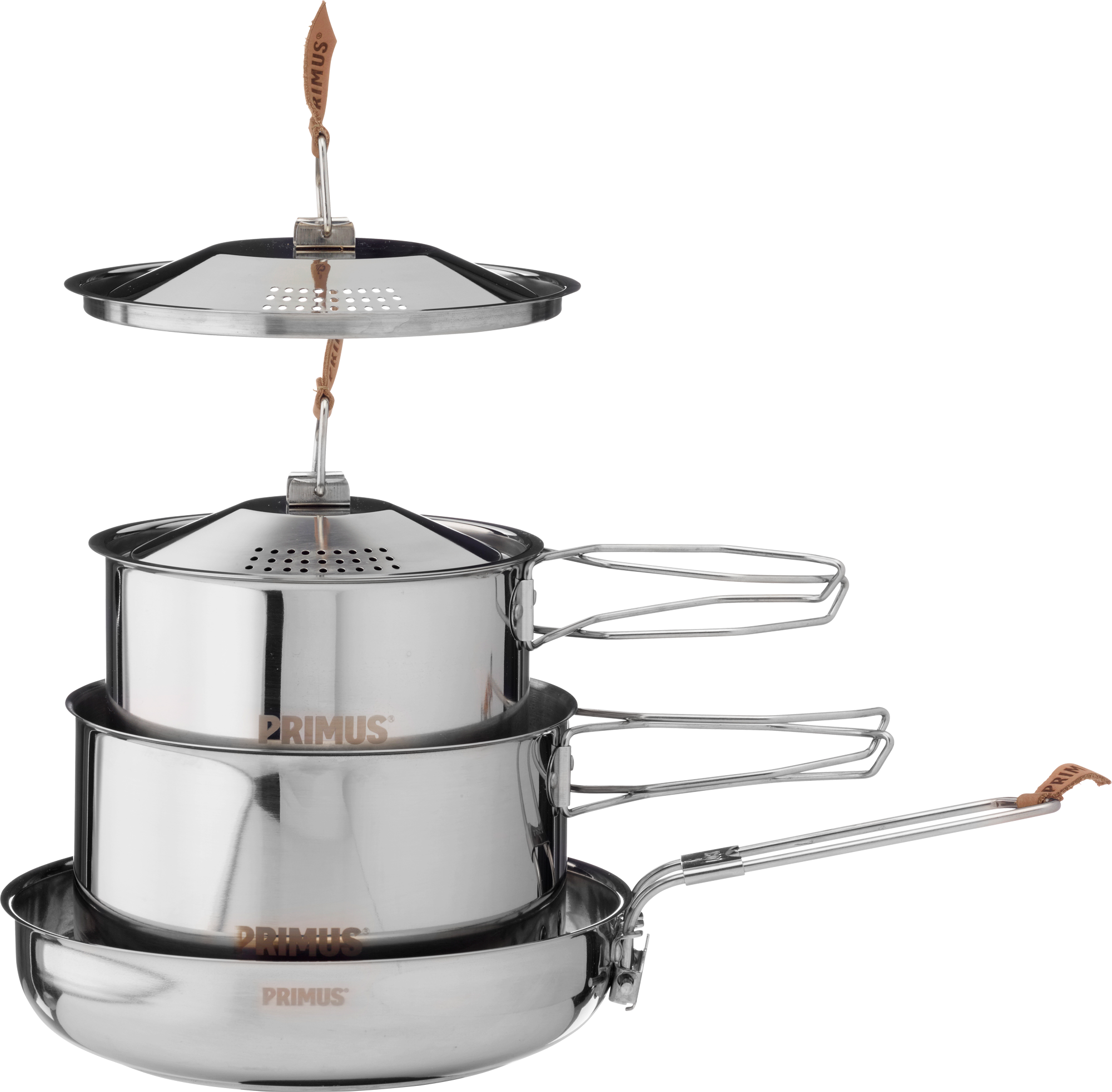 CampFire kokekar 4 deler rustfritt stål for bål og koker sett fra Primus med kjele og panne