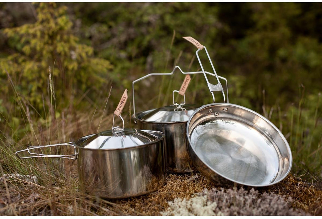 Campfire kokekartsett 5-deler rustfritt stål med bæreveske - Primus detalj av håndtak