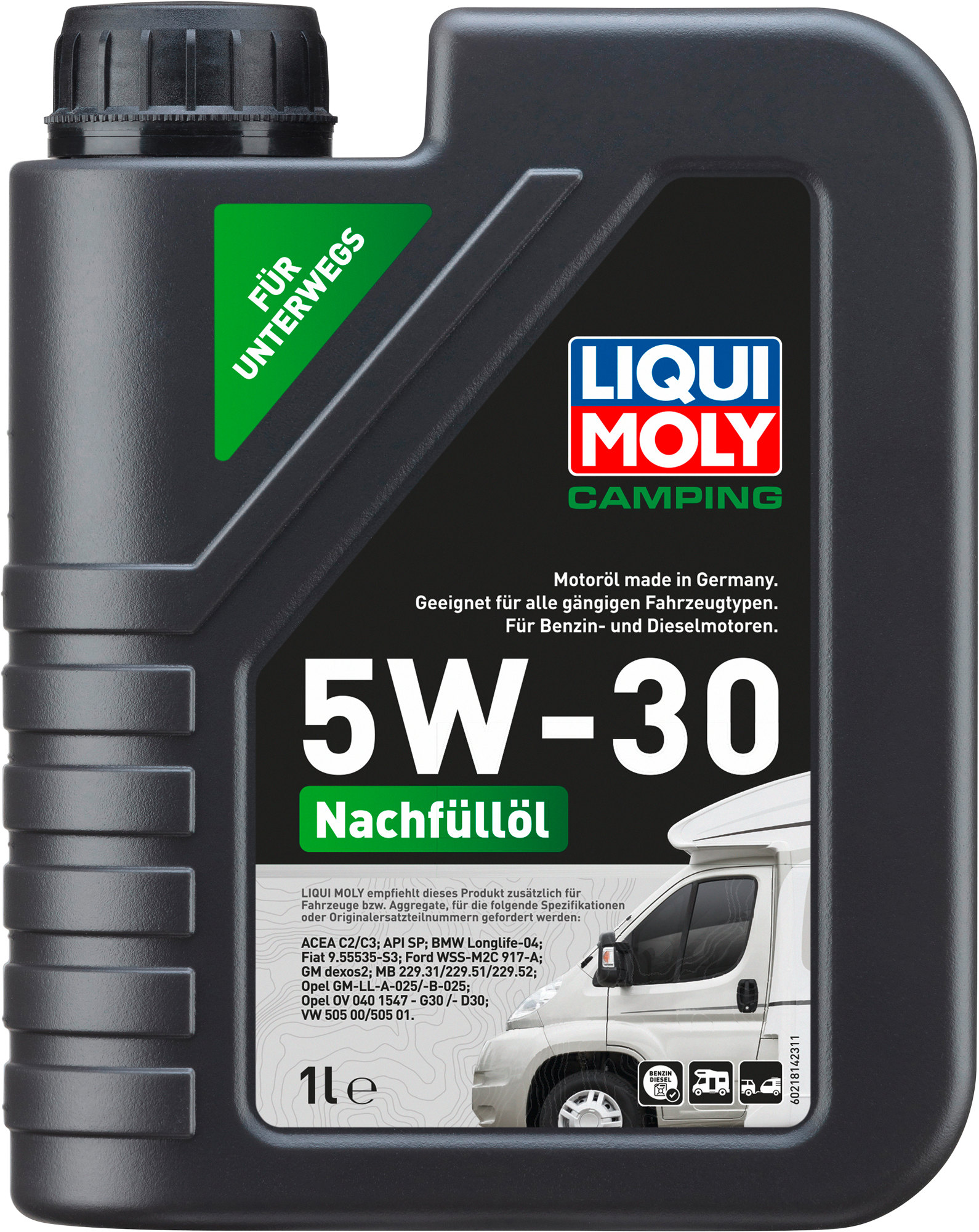 Camping påfyllsolje 5W-30 syntetisk motorolje 1 liter fra Liqui Moly
